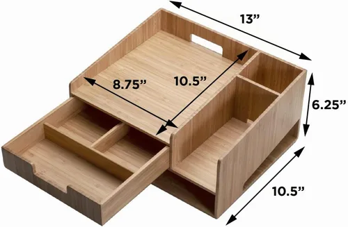 Vista 2 de MobileVision Soporte de teléfono de bambú con cajón, bandeja de papel y soporte para lápices, solución de almacenamiento para productos de oficina
