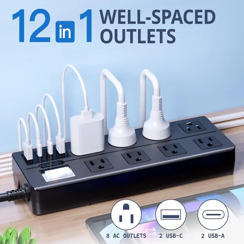 Vista 2 de Regleta de alimentación para exteriores IPX6 resistente a la intemperie, protector de sobretensiones impermeable con 8 tomas anchas con puertos USB