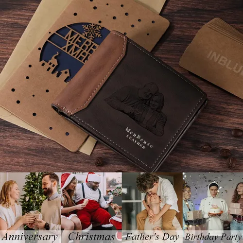 Vista 30 de INBLUE Billetera plegable grabada personalizada, cartera de cuero personalizada con foto y texto grabado, regalos para hombres, marido, papá, hijo