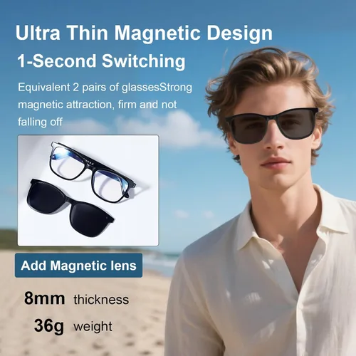 Vista 4 de Quaoar Lentes de audio Bluetooth inteligentes con doble altavoz, micrófono de oído abierto, disparo remoto, asistente de voz para mujeres/hombres