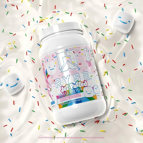 Vista 4 de RYSE Proteína en Polvo Cargada - Jet-Puffed Pastel de Cumpleaños - 25g Aislado y Concentrado de Proteína de Suero con Fibra Prebiótica y MCTs - Bajo
