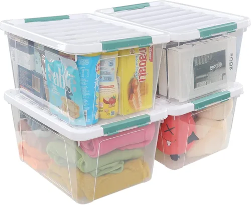 Vista 10 de Caja de plástico transparente de 10 L, contenedor de almacenamiento de plástico con tapas, paquete de 4 Clear Plastic Material, Snap Side Latches