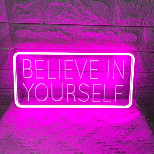 Vista 5 de Letrero de neón con texto en inglés "Believe in Yourself", para decoración de pared de habitación, tallado en 3D, luz LED, luz rosa, funciona