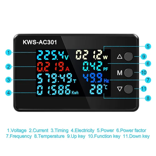 Vista 4 de Voltímetro de CA Amperímetro 50-300V 0-100A Multímetro digital 110V 220V Pantalla LCD HD Voltímetro de corriente con transformador de corriente