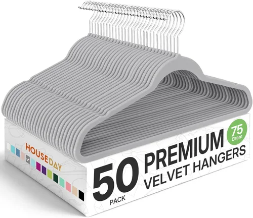 Vista 16 de HOUSE DAY - Paquete de 50 perchas de terciopelo premium, perchas antideslizantes de fieltro aterciopelado, perchas resistentes para ropa con gancho