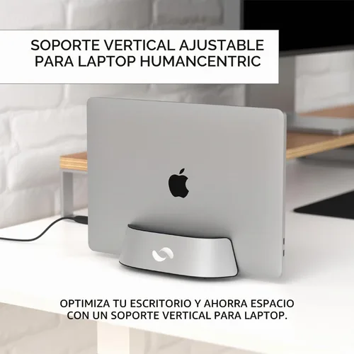 Vista 2 de HumanCentric Soporte vertical para laptop en aluminio plateado, soporte vertical ajustable y base, soporte vertical para laptop compatible