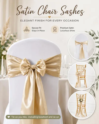 Vista 6 de Bandas de satén para silla, elegantes de alta calidad, 6 x 108 pulgadas, perfectas para bodas, fiestas y eventos