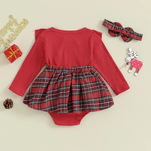 Vista 3 de Douhoow Conjunto de traje de Navidad a cuadros para bebé recién nacida, camiseta de manga larga, pantalones cortos con tirantes y diadema, 3