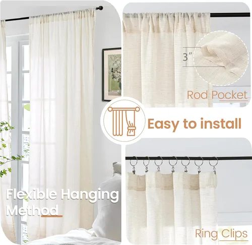 Vista 6 de BGment Cortinas de lino café de 30 pulgadas de largo para ventana pequeña, cortinas de media ventana beige semitransparentes ligeras con bolsillo