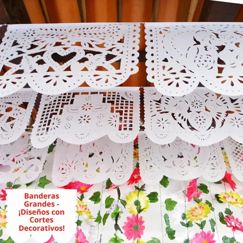 Vista 6 de Guirnaldas de boda de papel picado, decoraciones de boda mexicanas, banderas de papel picado blanco para bodas, despedidas de soltera, pancartas