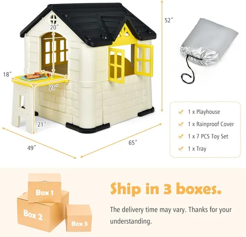 Vista 7 de Costzon Casa de juegos para niños, juegos de jardín al aire libre con puertas y ventanas de trabajo, casa de juguetes de simulación con mesa