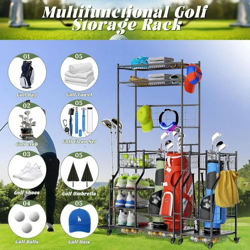 Vista 6 de ROOMTEC Organizador de almacenamiento de bolsas de golf, estante de almacenamiento de bolsas de golf para garaje, estante de almacenamiento