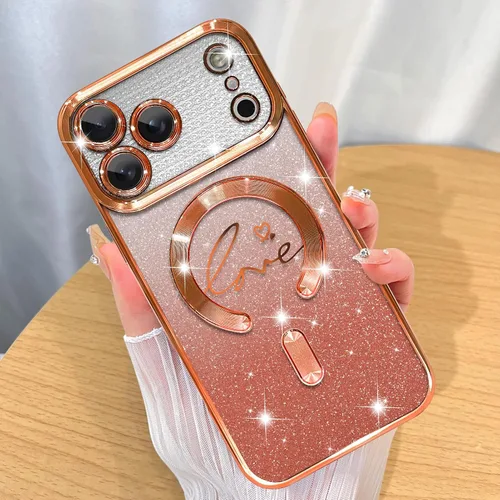 Vista 9 de ZIYE Funda Magnética Diseñada para iPhone 14 Funda con Purpurina Plateado de Lujo Corazón de Amor Compatible con MagSafe Funda Transparente con Negro