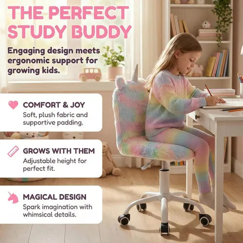 Vista 13 de Silla Linda y Peluda para Niños, Silla Divertida y Giratoria para Escritorio de Estudio, Silla de Tocador Colorida para Niñas, Silla Giratoria