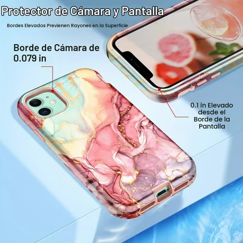 Vista 4 de CASEFIV Funda compatible con iPhone 11, patrón de mármol 3 en 1, resistente a prueba de golpes y caídas, cuerpo completo, policarbonato duro y A-oro