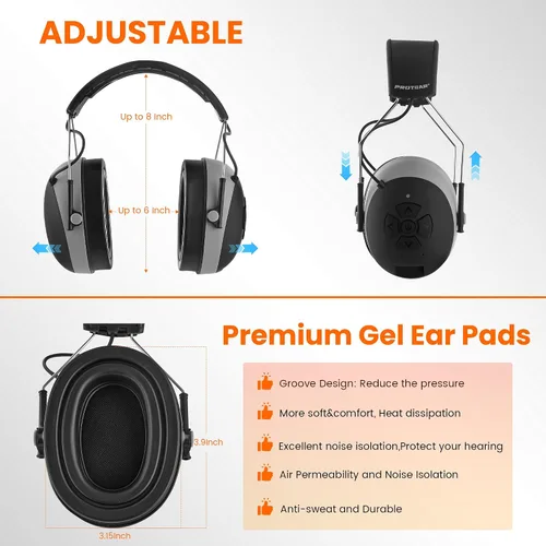 Vista 4 de Protección auditiva Bluetooth 5.4 mejorada NRR 25dB Micrófono integrado, auriculares con cancelación de ruido manos libres con almohadillas de gel
