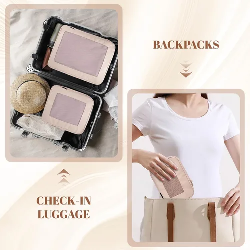 Vista 7 de Juego de bolsas organizadoras de almacenamiento transparentes, paquete de 4 cubos de embalaje de viaje con ventana, color beige, Rosado, Juego de 4