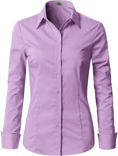 Vista 5 de EZEN - Blusa de manga larga, ajustada, elástica, con cuello de botones para mujer, para oficina, estilo formal, casual