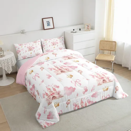 Vista 5 de Feelyou - Juego de funda de edredón para niños, castillo rosa, tamaño individual, lindo juego de edredón con moño, juego de cama para niños y niñas
