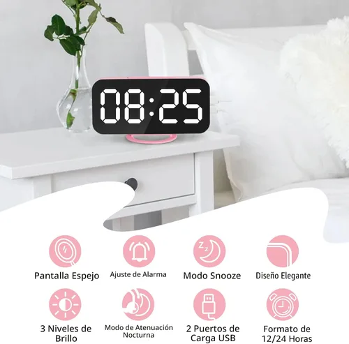 Vista 2 de Lamisola Despertador digital rosa para niñas, gran reloj de escritorio con espejo LED, 2 puertos de carga USB, relojes estéticos y elegantes