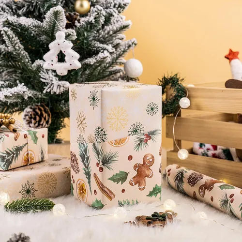 Vista 5 de RUSPEPA Reversible Christmas Wrapping Paper Roll, Mini Roll, Gingerbread Pinecone and Snowflake Design Gift Wrap for Christmas Presents, Winter