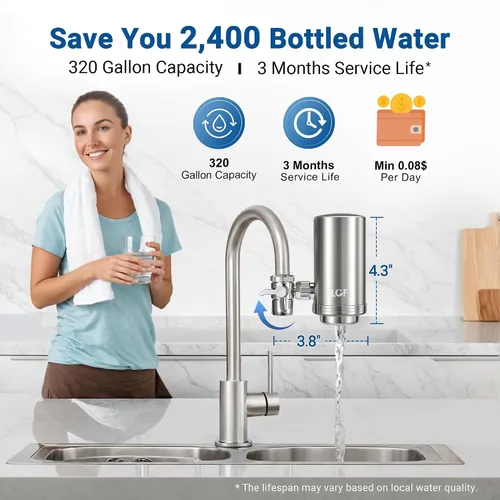 Vista 6 de LCF Filtro de agua giratorio de acero inoxidable de 360° – Alto flujo, filtro de agua del grifo mejorado con minerales, reduce el cloro, metales