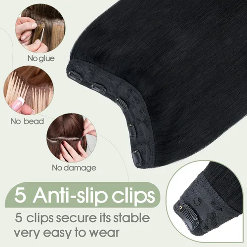 Vista 6 de S-noilite Extensiones de cabello con clip de una pieza, 5 clips, cabeza completa 3/4, trama en V, red de encaje de cabello más grueso, cabello #01