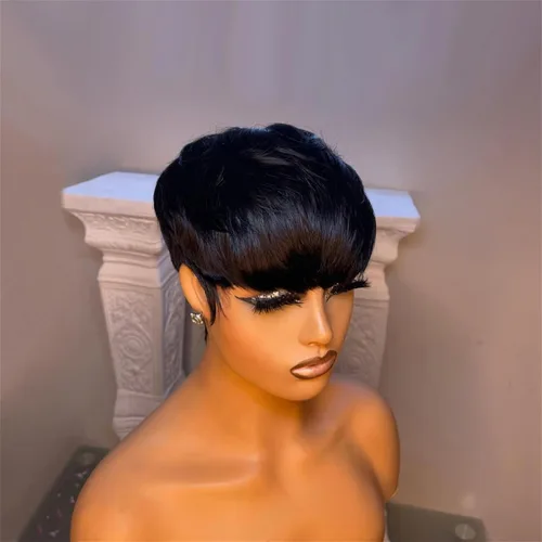 Vista 2 de YJOQOKOA Peluca corta de cabello humano estilo Bob para mujeres negras, pelucas de cabello humano con corte Pixie, sin pegamento, sin encaje