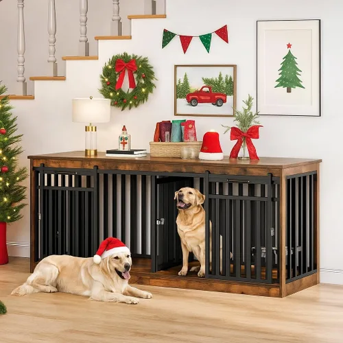Vista 14 de DWVO Mueble de jaula doble para perros de 71" para 2 perros medianos, perrera doble de madera resistente soporte de TV con puertas correderas, mesa