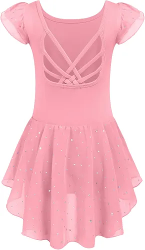 Vista 14 de Arshiner - Malla de ballet con mangas de volantes brillantes y falda con espalda cruzada para niñas Floral rosa aguamarina