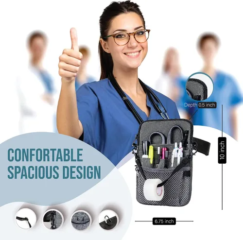 Vista 2 de First Lifesaver Riñonera convertible 4 en 1 con múltiples compartimentos y soporte de cinta para enfermeras, estudiantes de enfermería, Gris, L
