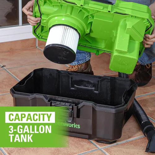 Vista 6 de Greenworks Aspiradora inalámbrica de 24 V sin escobillas de 3 galones con manguera, herramienta para hendiduras, boquilla de piso, batería de 4.0 Ah