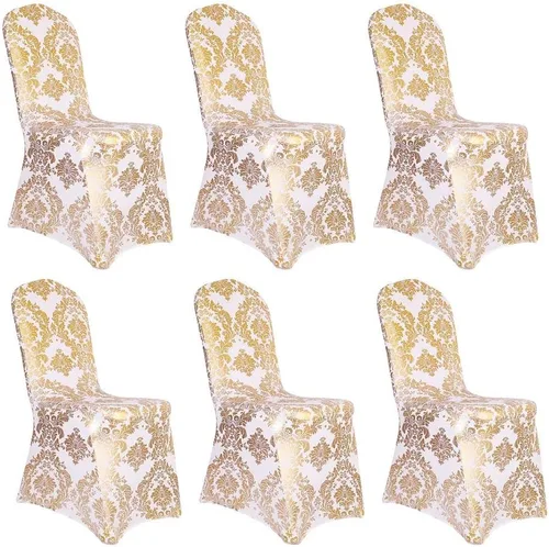 Vista 11 de Juego de 1 fundas decorativas para sillas de comedor, con estampado de flores doradas, extraíbles, lavables, de elastano, para fiestas, bodas Oro