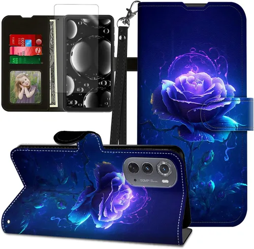 Vista 346 de Funda para Motorola Edge 2022 con protector de pantalla, soporte y tarjetero y correa para la muñeca, funda magnética para Moto Edge 2022 5G UW Lobo