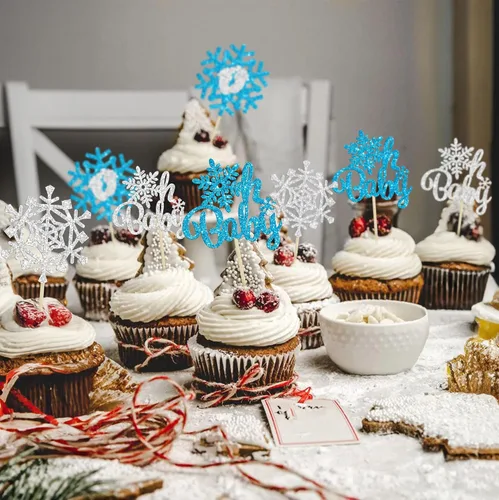 Vista 5 de Gyufise 24 piezas de copos de nieve Oh Baby Cupcake Toppers Glitter Winter Frozen Baby Shower Cupcake Picks para invierno, país de las maravillas