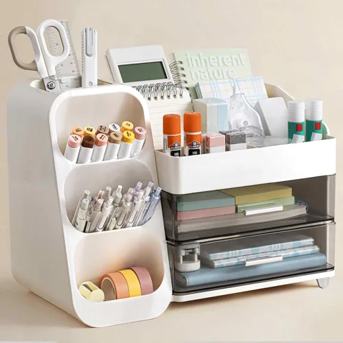 Vista 11 de HBlife Organizador de escritorio con soporte para lápices para escritorio, organizador de bolígrafos con 2 cajones, organizadores de escritorio