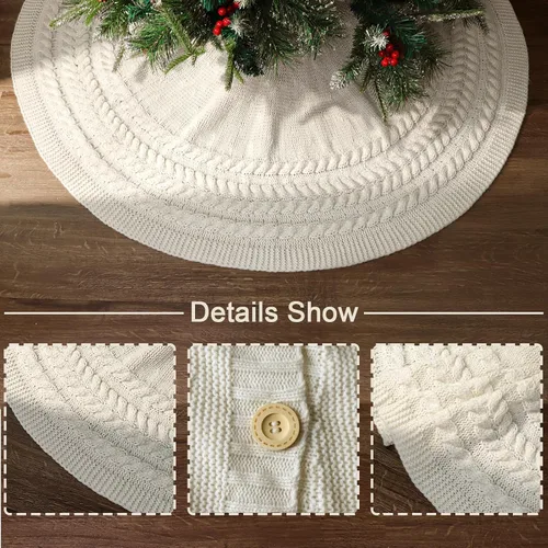 Vista 2 de Falda de árbol de Navidad de 48 pulgadas: anillos anuales de punto trenzado grueso, falda de árbol blanco crema, decoraciones rústicas gruesas