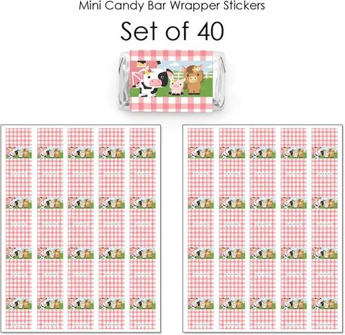 Vista 3 de Big Dot of Happiness Girl Farm Animals – Mini pegatinas para envoltorio de barra de caramelo, baby shower de granero rosa o fiesta de cumpleaños