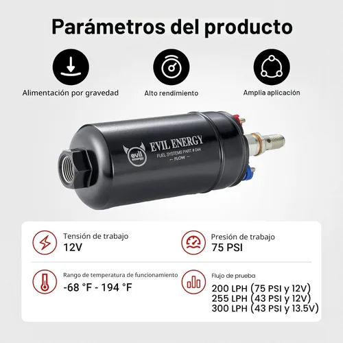 Vista 2 de Evil Energy Bomba de combustible externa en línea eléctrica 300LPH de alto flujo 12V con abrazadera de abrazadera de 60 mm negra