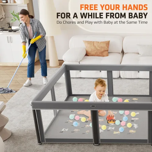 Vista 7 de Corralito plegable para bebés con alfombra, 50"×50" corralito plegable para bebés y niños pequeños, corral de juegos de seguridad para niños