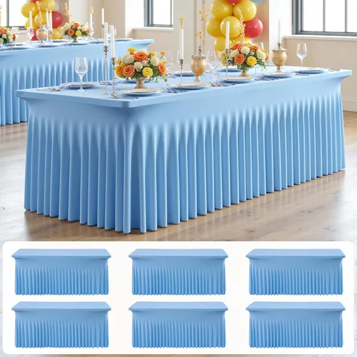 Vista 71 de Paquete de 2 manteles de elastano azul bebé de 6 pies con falda de mesa con volantes, manteles ajustables elásticos sin arrugas para mesas
