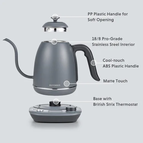 Vista 6 de BUYDEEM K821 - Hervidor eléctrico de cuello de cisne con control de temperatura variable, tetera para verter sobre el café, acero inoxidable 18/8
