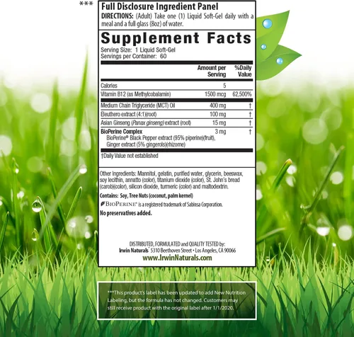 Vista 2 de Irwin Naturals Vitamina de metilcobalamina de alta potencia Mega B-12 de 1,500 mcg, absorción rápida y mejorada con MCT + ginseng asiático, impulso