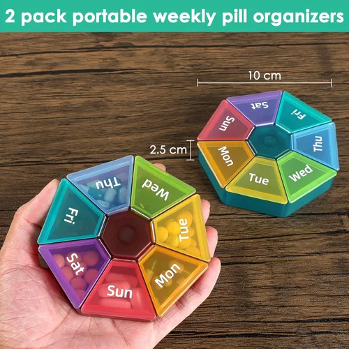 Vista 2 de Organizador de pastillas para 7 días, paquete de 2 organizadores semanales de píldoras, organizador de píldoras de bolsillo, pastillero semanal