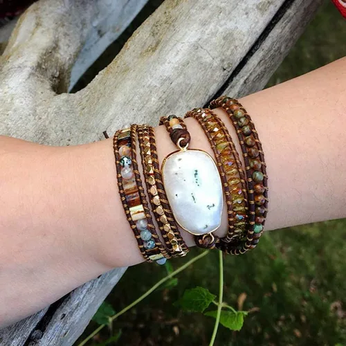 Vista 83 de ZOSOJONA - Pulseras bohemias hechas a mano de piedra natural, que dan vuelta, con cuentas de cristal de turquesa