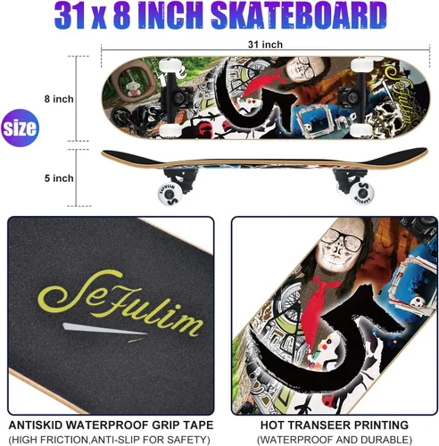 Vista 3 de 31 x 8 Inch Complete Skateboard 7 Layer Canadian Maple Double Kick Deck Concave Cruiser Trick Skateboard for Boys Girls Teens Adults Beginner