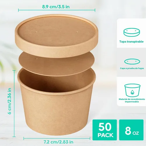 Vista 2 de 50 paquetes de envases de sopa de papel de 8 onzas con tapas, tazas de papel desechables para comida, tazas de helado, almacenamiento de alimentos