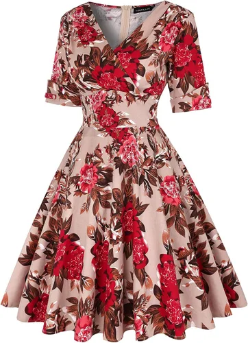 Vista 3 de MINTLIMIT Vestido vintage de los años 50 con cuello en V y media manga para mujer, vestido de cóctel retro acampanado liso