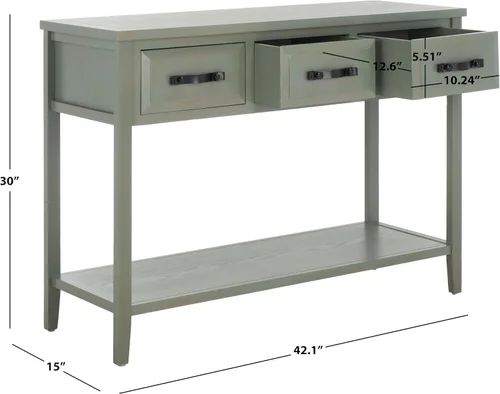 Vista 3 de Safavieh colección americana para el hogar Earley Mesa consola de tres cajones Color Negro Envejecido Y Nogal, Madera de olmo, Gris (French Grey)