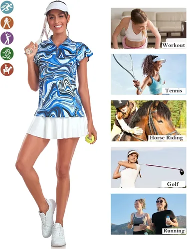 Vista 4 de Tanst Sky Polo de golf para mujer, con cremallera, volantes, manga corta, para entrenamiento, secado rápido